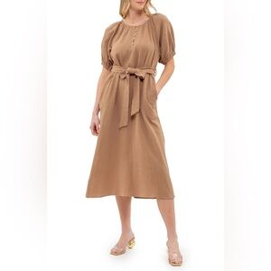 August Sky Puff Sleeve Midi Tan Shirtdress